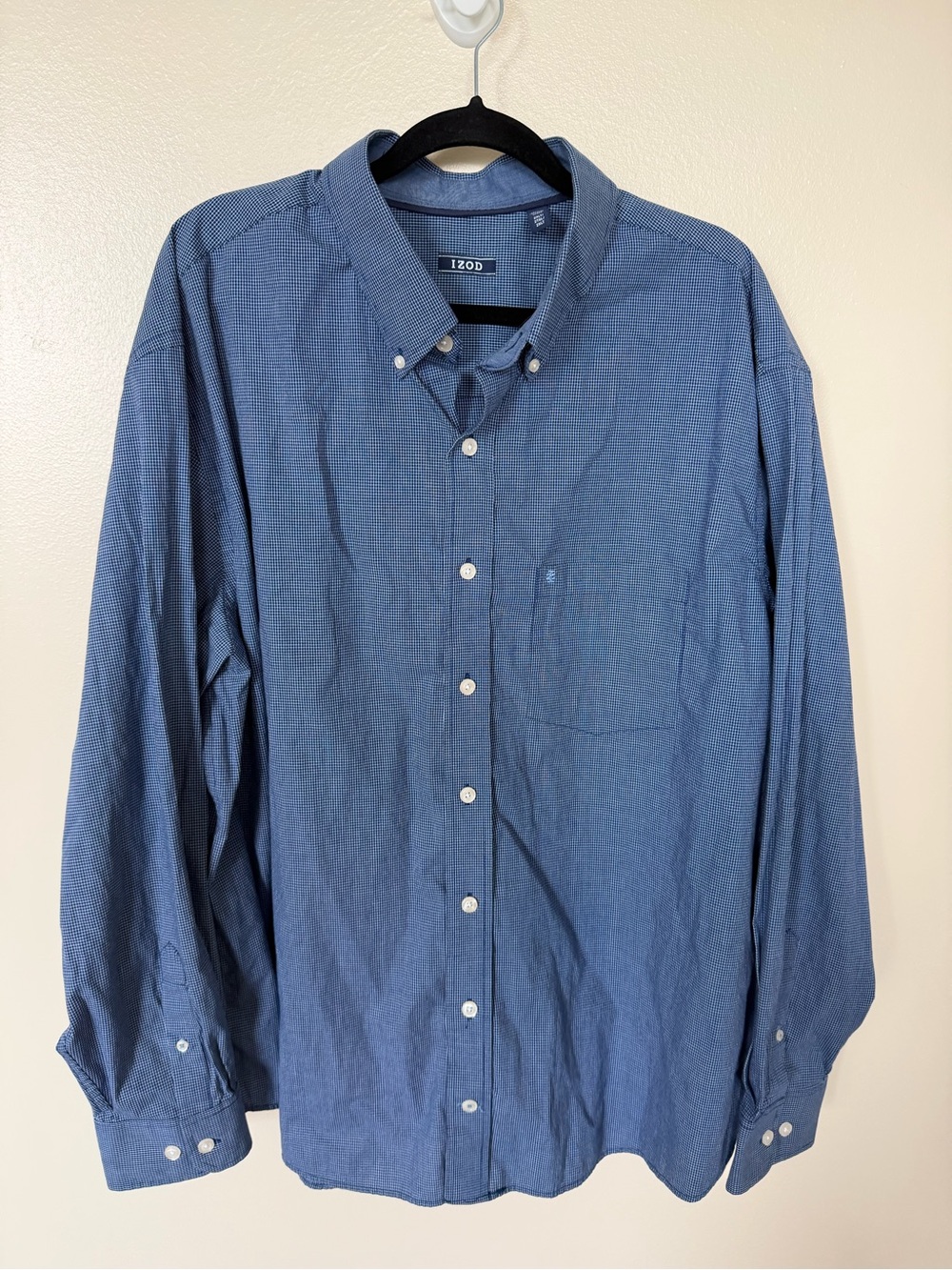 IZOD Denim Blue & White Micro Plaid Button Front Long Sleece